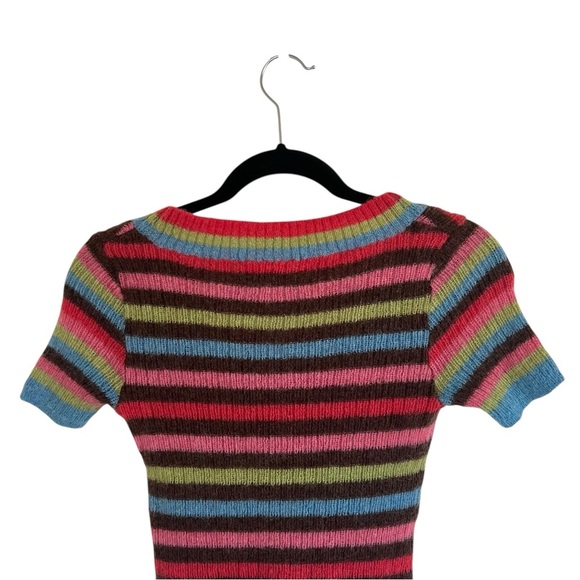 Chaber Stripe Rainbow Multicolored Fuzzy Short Sleeve Sweater Approx XS - Picture 5 of 10